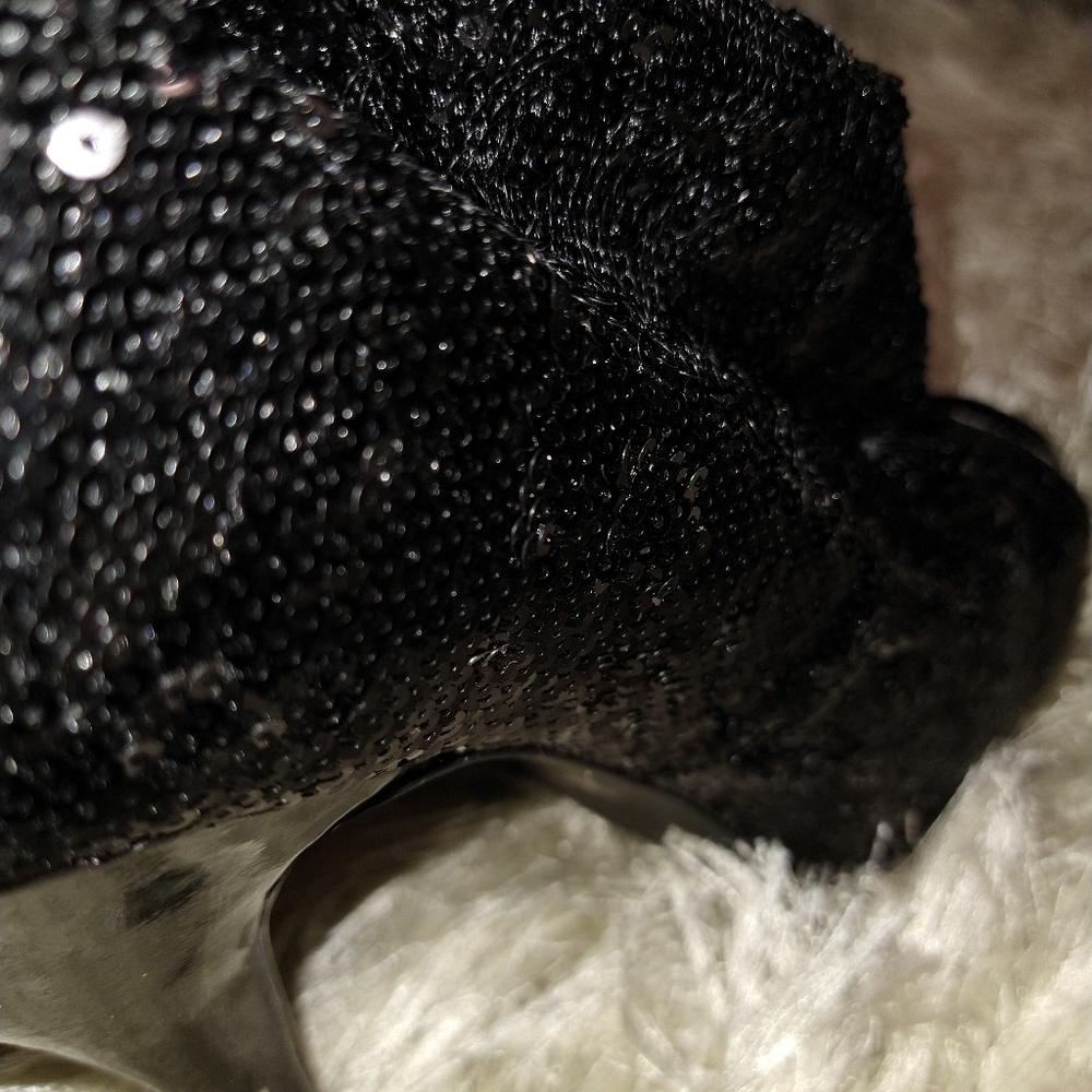 Black Sequin Peep Toe Booties - image 5